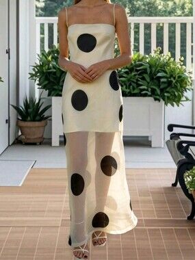 Women Long Dress Dot Print Mesh Spaghetti Strap Cami Dress Summer Fashion Sleeve
